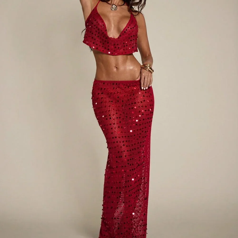 Red Sexy Women's Elegant Openwork Slip Dress